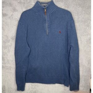 Polo Ralph Lauren Mens XL Blue Cotton Quarter Zip Mock Neck Sweater Red Pony
